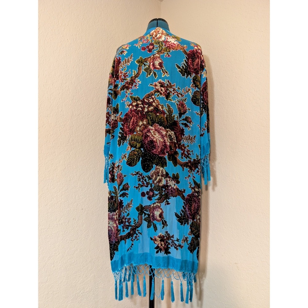 Suzanne Somers Burnout Velvet Beaded Floral Kimono Duster Fringe Turquoise OS - Picture 5 of 6
